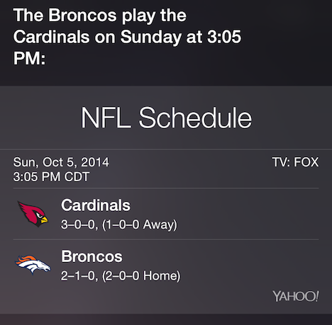 ⑧ 	Siri can answer nearly any sports question. Tap the Yahoo logo (shown at lower right) to open that tidbit in the Yahoo Sports app.