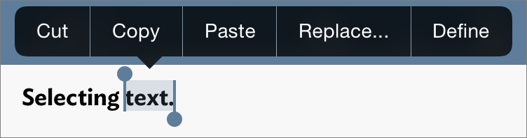 ③ 	To copy text, touch and hold the text you wish to copy to open a popover; then tap Select, select the desired text, and tap Copy.