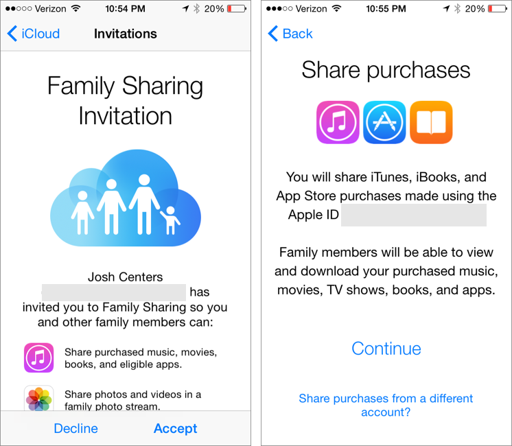 ① 	Family Sharing lets up to six people share purchases, photos, calendars, and locations.