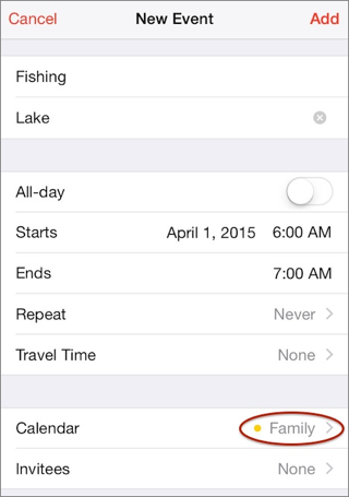 ⑤ 	You can select the shared Family calendar when creating an event.