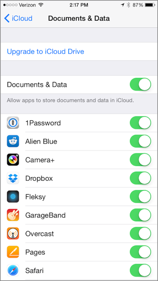 ⑥ 	In Settings > iCloud > Documents & Data, you can set which apps store data in iCloud. If you’ve enabled iCloud Drive, then Settings > iCloud > iCloud Drive will look similar.