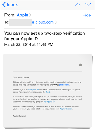 ④ 	Even though my Gmail address is associated with my Apple ID, Apple chose to send email to my iCloud address when I set up two-factor authentication.