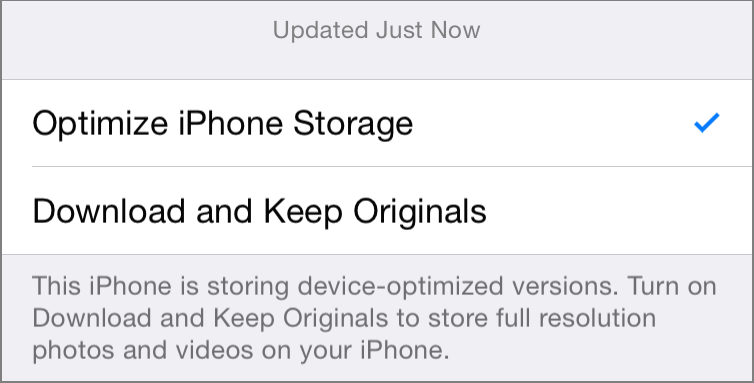 ③ 	With iCloud Photo Library, you can choose whether to store the originals in the cloud or on your device.