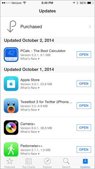 ② 	The Updates view lets you manually update apps, open recently updated apps, and access your purchased apps.