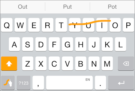 ① 	Developers can offer custom keyboards in iOS 8. An example is Swype (shown here), which lets you type by drawing over the keyboard.