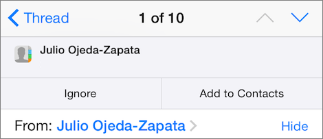 ⑥ 	If Mail detects a certain type of data in a message, like a phone number, you can add that phone number to a contact, or tap Ignore to dismiss the banner.