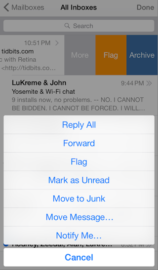 ③ 	To see additional messaging options for a preview, swipe it partly left and tap More.