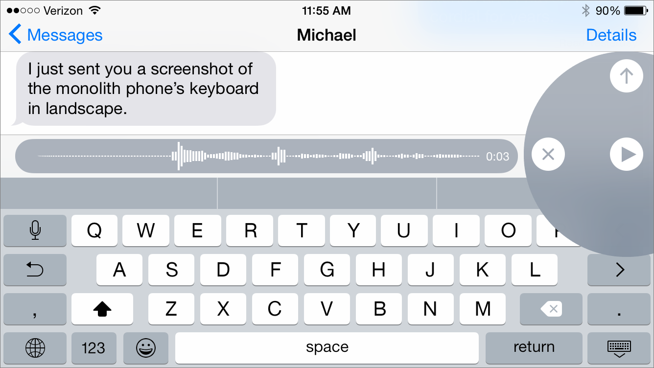 ① 	iOS 8 adds several new messaging options, including Voice Messages.