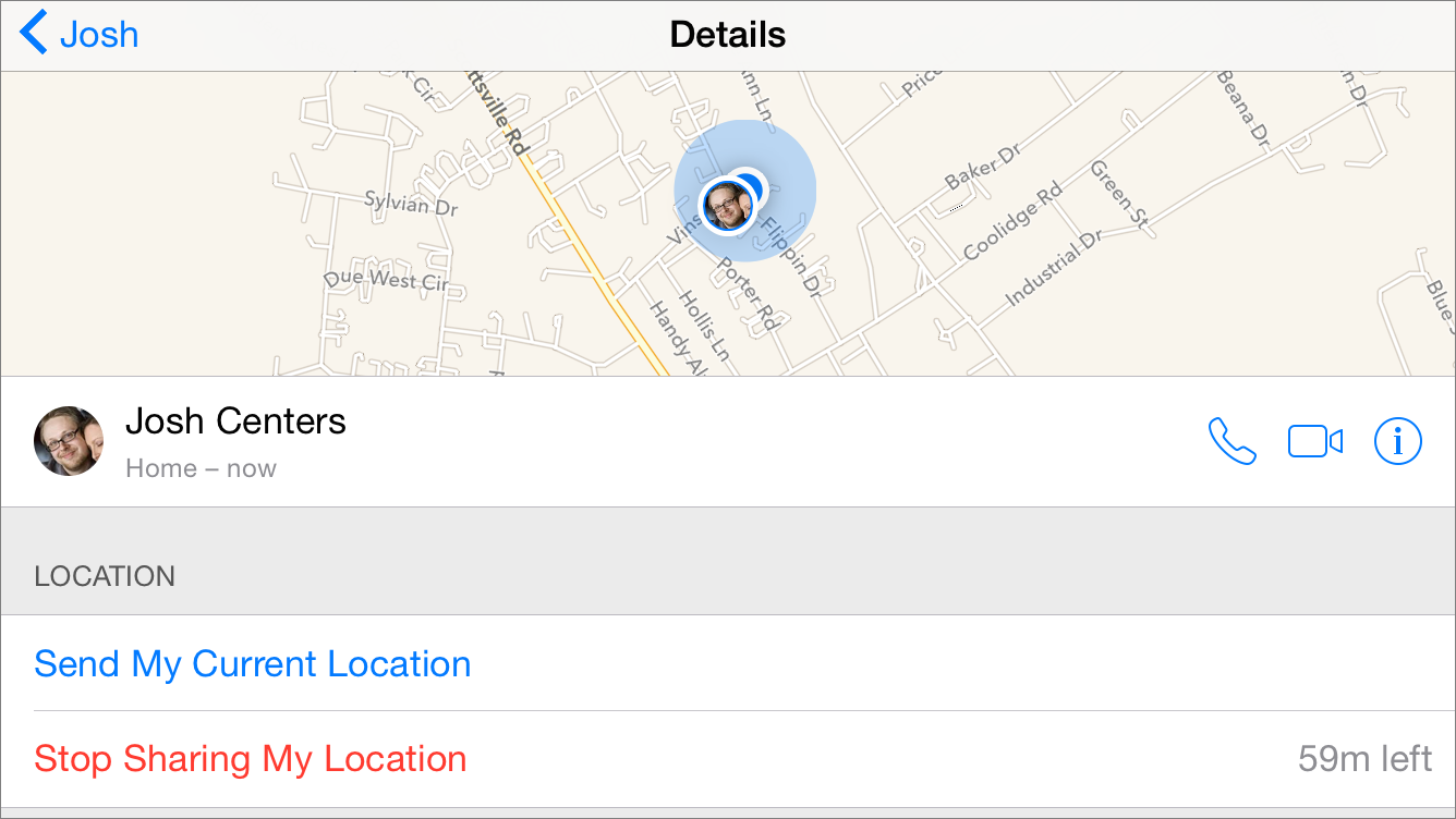 ① 	The new Details screen in Messages has new features, like location sharing.