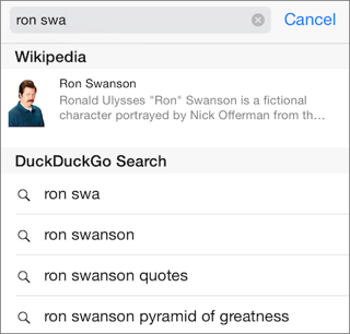 ③ 	Safari in iOS 8 now suggests specific Web pages, alongside suggested search terms.