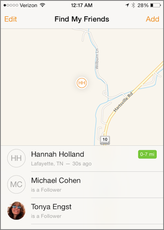 ⑤ 	Find My Friends lets you keep tabs on your family and friends.