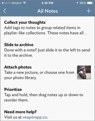 ⑦ 	The App Store has many note taking apps, but none as beautifully simple as Vesper.