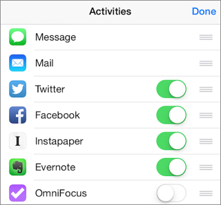 ⑤ 	Drag a multi-lined grab box to re-arrange a Share sheet row.