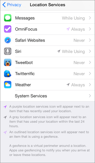 ⑥ 	In Settings > Privacy > Location Services, the arrows and labels tell you when each app last accessed Location Services.