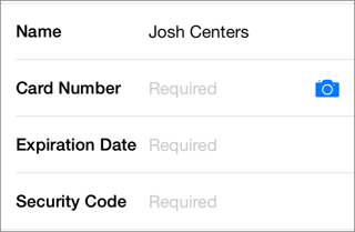 ③ 	You can either enter your credit card information manually, or tap the camera icon to scan your card.