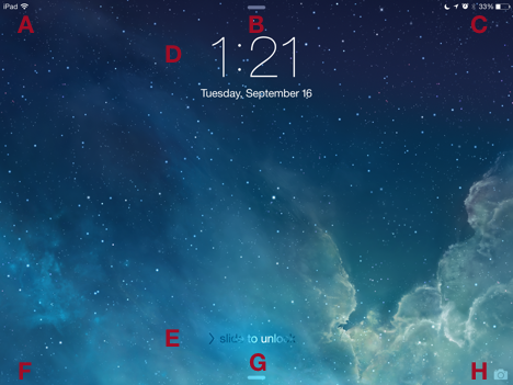 ① 	The iOS 8 Lock screen has many icons and controls. Each letter superimposed on the image here is called out in the text below.