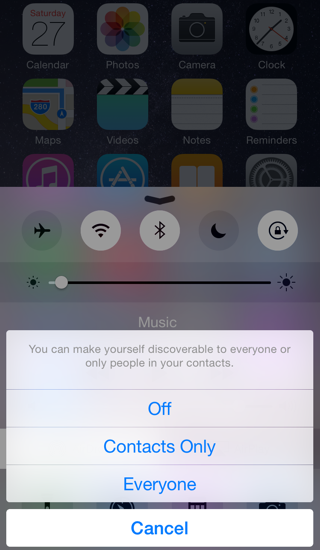 ③ 	In Control Center, you can set who can discover you via AirDrop—your contacts only or everyone in your device’s Bluetooth range (about 33 feet or 10 meters).