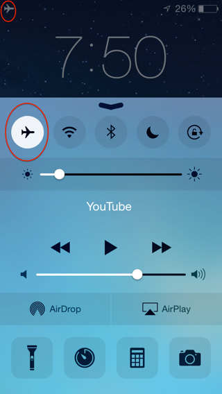 ② 	When you tap the Airplane mode button in Control Center (circled), the cellular and Wi-Fi icons in the status bar (if any) are replaced by an airplane icon (circled).