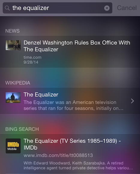 ② 	Spotlight can find news articles, Wikipedia entries, Bing search results, and more.