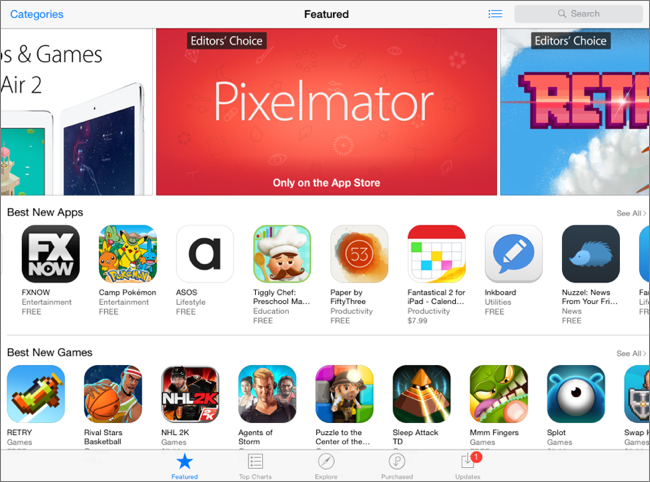 ① 	The App Store is your portal to a seemingly infinite sea of apps. It launches to the Featured view, which is Apple’s showcase of hot new apps, as well as discounted apps and staff favorites.