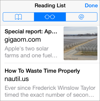 ⑥ 	Tap the eyeglasses icon to switch to Reading List view and access articles that you’ve saved to read at a later time.