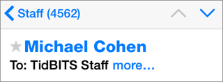 ⑤ 	To navigate to a different mailbox, tap the **<** arrow at the upper left. In this example from an iPhone screen, I’m navigating back out of the Staff mailbox.