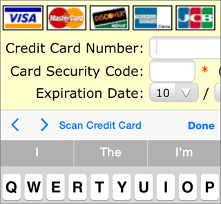 ⑨ 	When available, Scan Credit Card is located just above the onscreen keyboard.