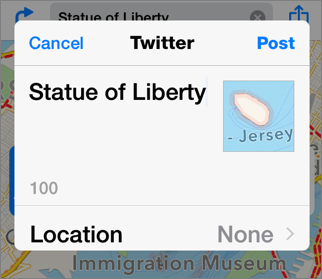 ② 	Share sheets offer oodles of possibilities, including sharing your location with your Twitter followers.