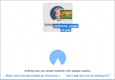 ⑤ 	To share a file, drag it’s icon onto the iOS device’s icon in your Mac’s AirDrop window.