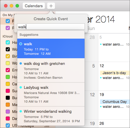 ② 	Calendar speeds up the process of adding new events by offering suggestions based on your other events.