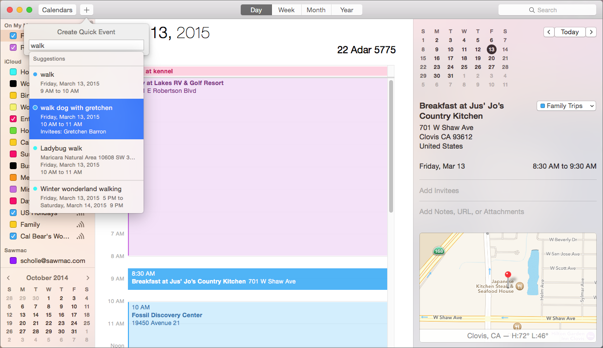 ① 	Yosemite’s Calendar revamps the Day view to make it easier to see and change event details. Calendar also makes autocompletion suggestions that draw intelligently from your other events.