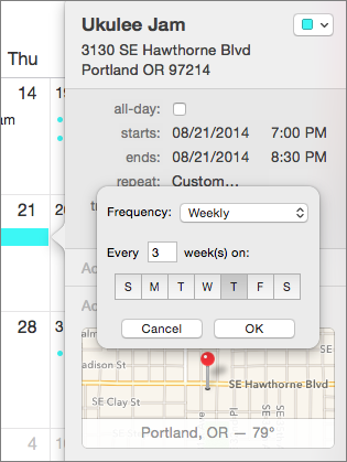 ⑤ 	Set up more complex reoccurring events using Calendar’s Custom option.