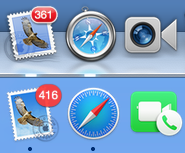 ② 	Mavericks’ Dock (top) looked distinctly 3D, while Yosemite’s is flat and stylized (bottom). The subtle glow that indicated a running app is gone, replaced with a more obvious black dot.