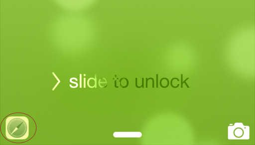 ⑥ 	Your iPhone displays a small activity icon—in this case Safari (circled)—at the bottom of the Lock screen. Swipe up from this icon to open the Web page you were viewing.