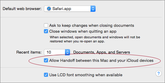 ⑤ 	On your Mac, make sure the Allow Handoff Between This Mac And Your iCloud Devices option (circled) is checked.