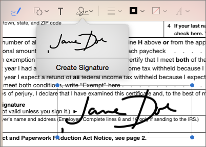 ⑥ 	Click the Sign button to add your signature to a PDF. Drag the signature into place and then use the blue handles to scale it.