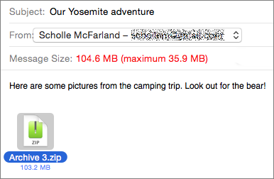 ② 	Mail now warns you if you’re going to hit an email account’s attachment size limit and even tells you what that limit is.