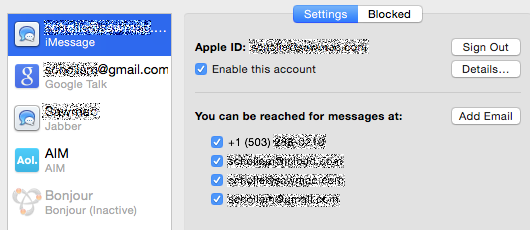 ② 	You need to be signed in with an Apple ID to access iMessage. Go to Messages > Preferences > Accounts to make sure. (My info is scrambled here, but yours will show clearly in your preference window.)