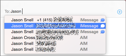 ⑥ 	If an address works with iMessage, you’ll see the word iMessage next to it, along with a blue speech bubble. (I’ve scrambled personal information here, but your contact’s details will appear clearly.)