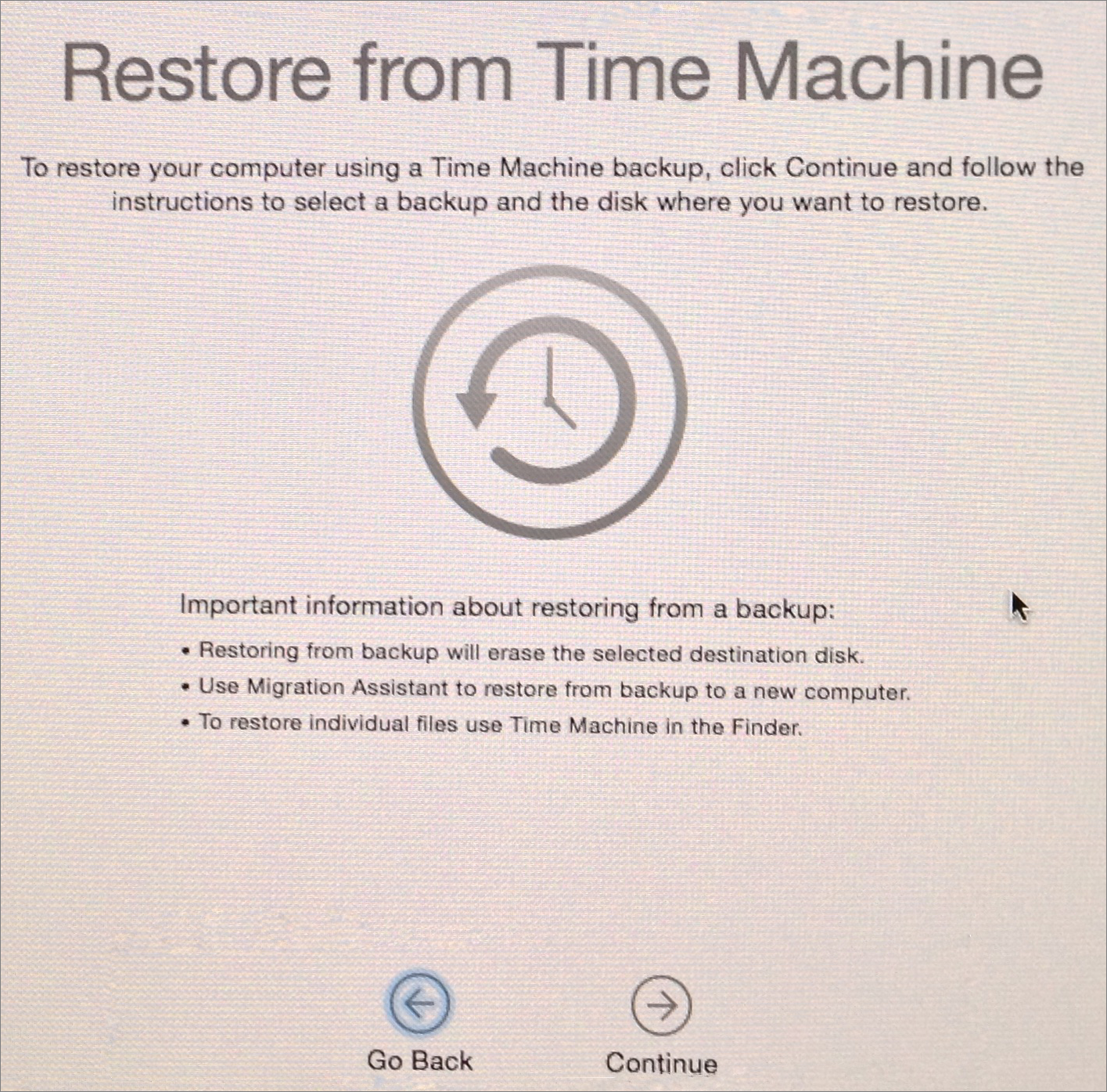 ⑥ 	If you have complete Time Machine backups, the Restore From Time Machine option may save your bacon.