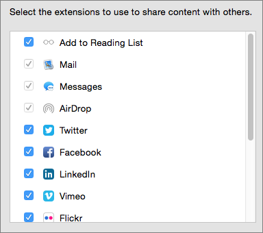 ⑦ 	No need to settle for vanilla sharing options. Customize which social media sites appear in Safari’s Sharing menu here.