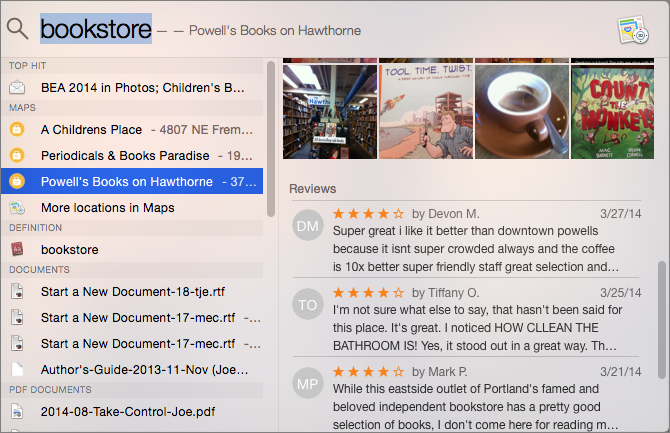 ⑦ 	Whether you’re looking for a cozy bookstore or the nearest gelato joint, Spotlight finds local matches from Maps along with relevant Yelp reviews.