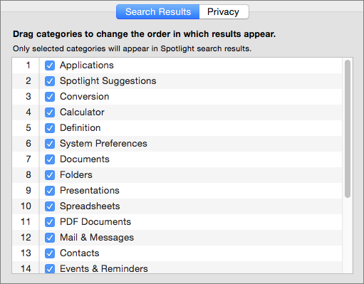 ⑧ 	Drag and drop categories in the list to make Spotlight’s results appear in whatever order you choose.