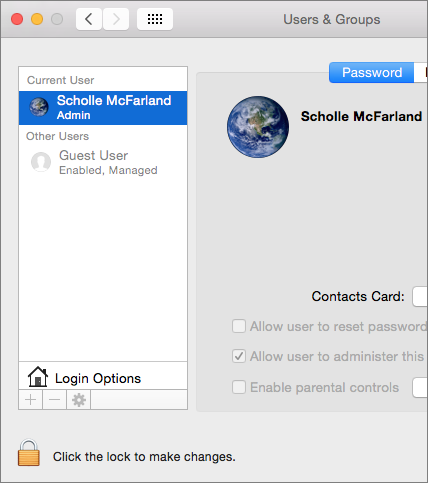② 	You’ll see the Guest User account in the Users & Groups preferences pane.