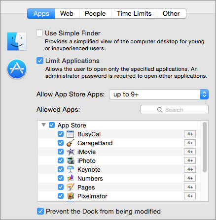 ④ 	OS X’s Parental Controls let you select which applications a user can access.