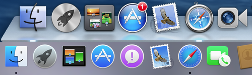 ① 	The Dock and its icons, once shiny and 3D (top), are now flat and stylized (bottom).