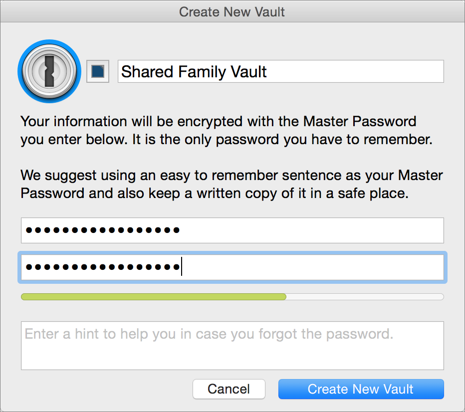 **①** When someone adds a shared 1Password vault, the Create New Vault dialog appears.