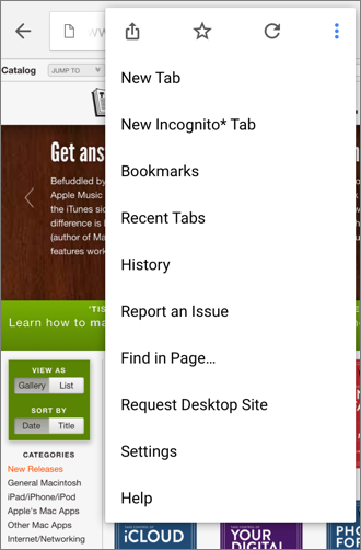 **②** In Chrome for iOS, tap the More icon (currently found at the upper right) and then tap Settings.