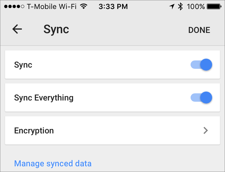 **①** Turn both buttons on as shown to sync bookmarks (and other data) with Chrome for iOS.