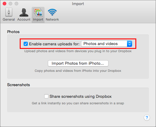 **②** Enable camera uploads in Dropbox with this checkbox.